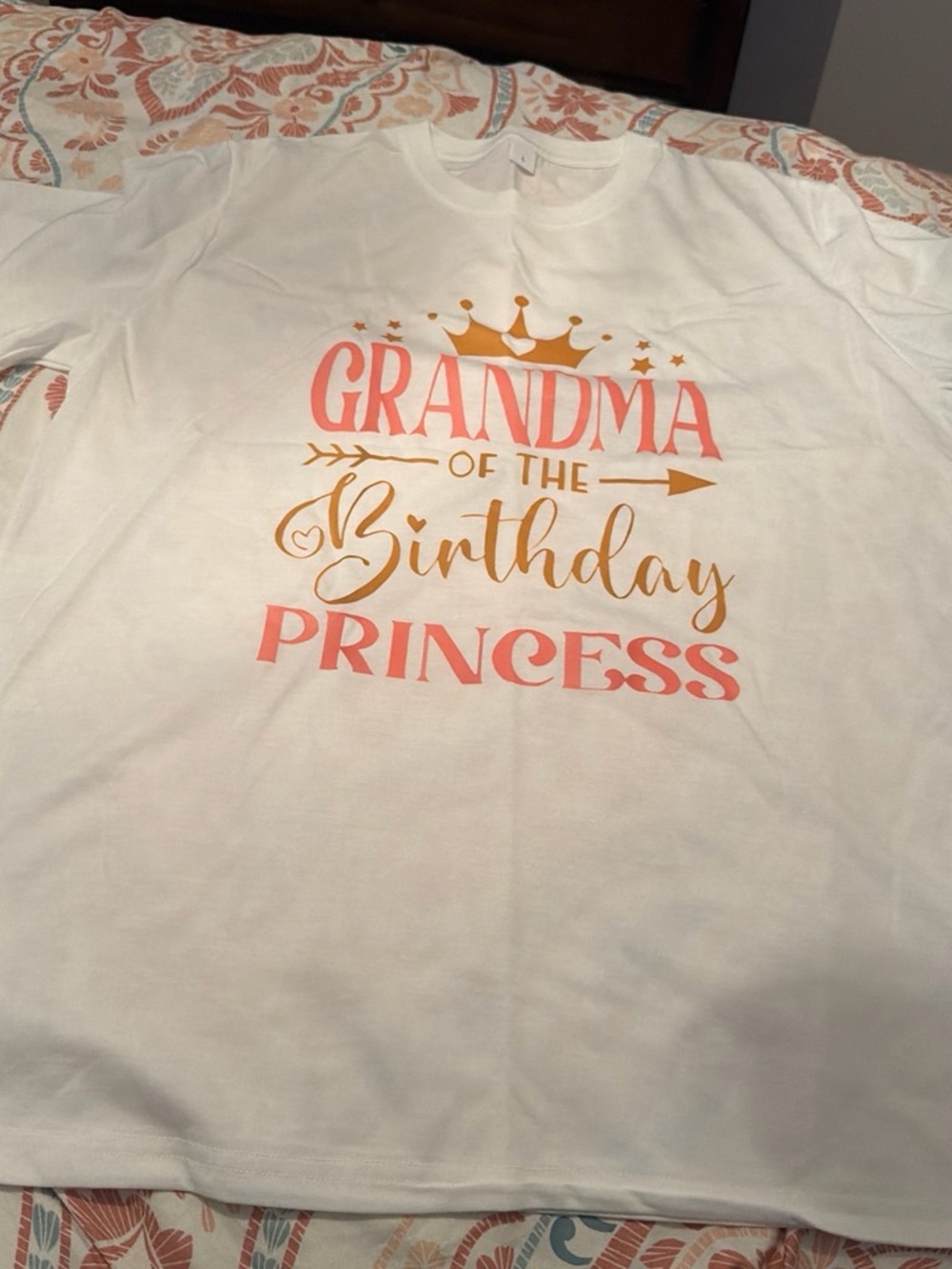 Grandma of the Birthday Princess Graphic Tee - White with Pink & Gold Print